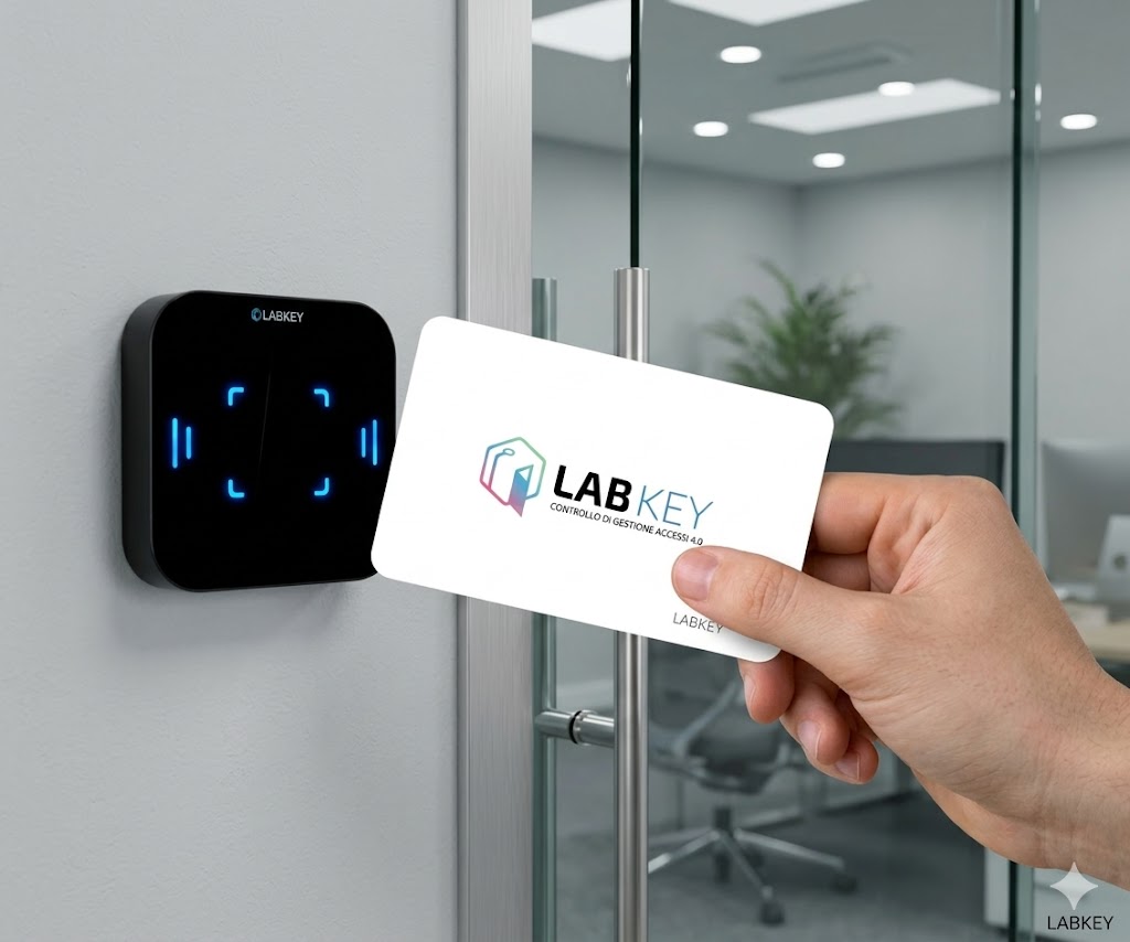 Accesso con badge LabKey alla porta di un coworking con permessi di accesso temporanei
